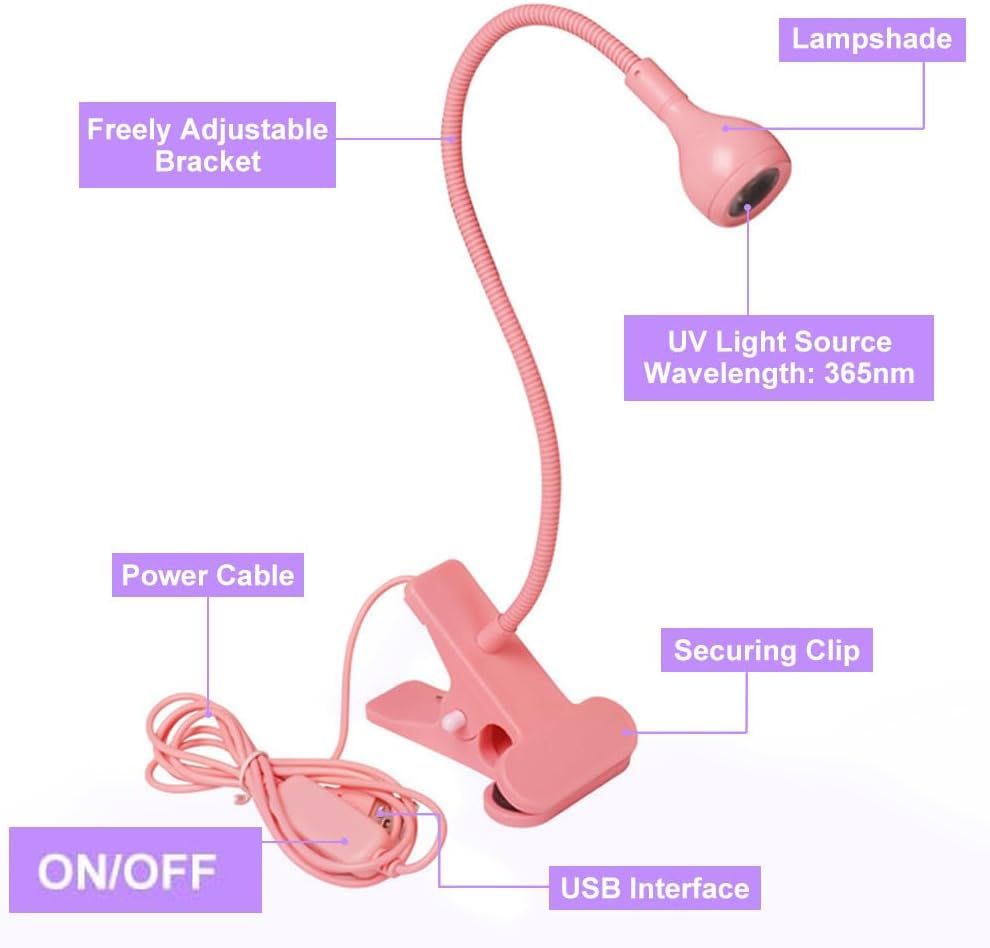 USB 3W LED UV Ultraviolet Phone Glue Curing Lamp,UV Led Nail Lamp for Gel Nails,Portable Clamp Flexible Desk Lamps for Mobile Repair,Plug and Play Pink - color: Pink