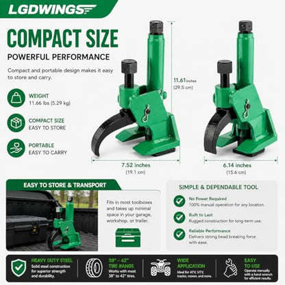 Tire Bead Breaker, Heavy Duty Manual Bead Buster Tool for Tire Removal, Adjustable Rim Clamp Tire Repair Kit for ATV, UTV, Tractor, Lawn Mower, Small & Large 38" to 42" Tires, with Gloves - color: GREEN