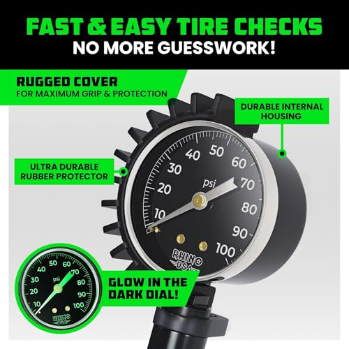 Rhino USA Tire Pressure Gauge with Inflator (0-100 PSI) - Braided Hose | Heavy Duty Air Chuck & Compressor Accessories. Stainless Braided Hose, Large Analog Dial, Solid Brass Hardware. - style: 100psi Analog