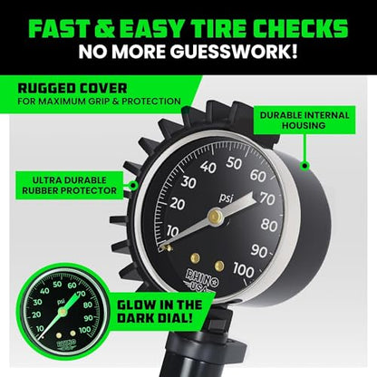 Rhino USA Tire Pressure Gauge with Inflator (0-100 PSI) - Braided Hose | Heavy Duty Air Chuck & Compressor Accessories. Stainless Braided Hose, Large Analog Dial, Solid Brass Hardware. - style: 100psi Analog