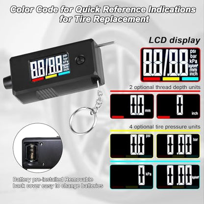 Digital Tire Pressure Gauge Reader and Tread Depth Checker Dual Function Accurate Backlit Display 0-150 PSI for Car Truck Motorcycle Bike