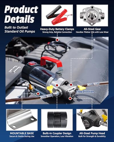 Oil Pump 12V 100W, Oil Extractor Pump for Thick Oil Change, Electric Fluid Transfer Pump for Engine Oil, Gear Oil, Transmission Fluid & Diesel Fuel Removal, 60-Min Runtime for Car, Truck, Boat & Mower
