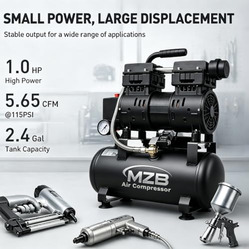 MZB 2.4 Gallon 1.0HP Ultra Quiet Air Compressor 110V/60Hz 5.65CFM, MAX 115PSI Steel Tanks Oil-Free 65 dB Noise Level Air Compressor for Spray Painting, Auto Repair, Carpentry Decoration - size: MZB-750H-9