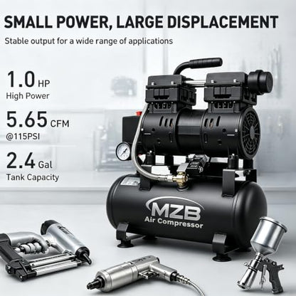 MZB 2.4 Gallon 1.0HP Ultra Quiet Air Compressor 110V/60Hz 5.65CFM, MAX 115PSI Steel Tanks Oil-Free 65 dB Noise Level Air Compressor for Spray Painting, Auto Repair, Carpentry Decoration - size: MZB-750H-9