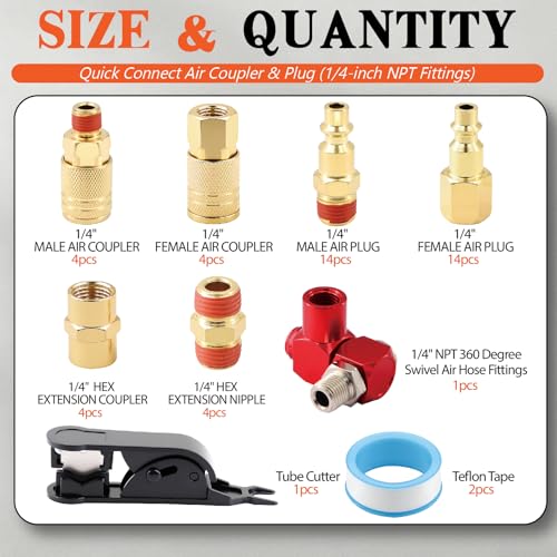 48 Pieces 1/4-Inch NPT Air Hose Fittings and Coupler Kit Copper-Plated with 360° Swivel, Quick Connect, Plugs and Adapters, Full Accessories for Air Compressor and Automotive Repair
