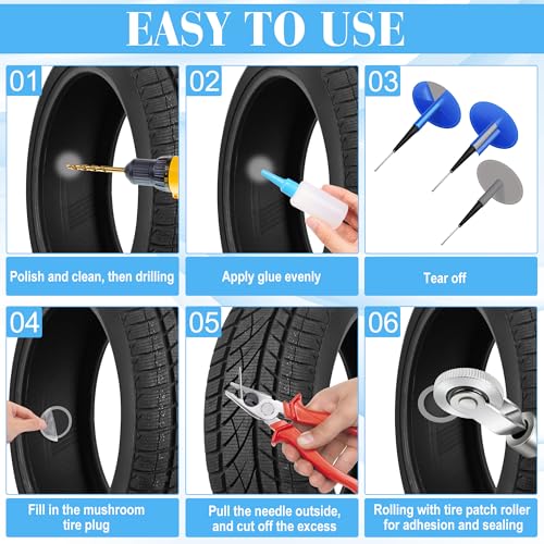 Tire Repair Patch Plug Kit, 24P Mushroom Tire Plug Patch | with Hex Shank Drill Bit for Car (1.41" / 1.81" / 2.36")