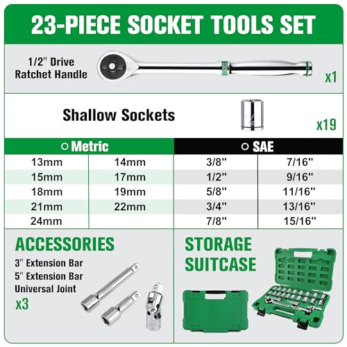 SK 1/2" Drive Socket Set with 216-P Quick-Release Ratchet, 23-Piece, SAE & Metric, SuperKrome Finish, Premium CR-V Construction, with Storage Suitcase | 23-Piece Sockets with Quick-Release Ratchet, SuperKrome Finish, Heat Treated, with Storage Suitcase -