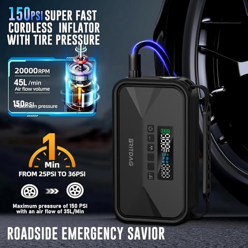 Portable Car Jump Starter with 150PSI Air Compressor | 2000A Peak, 12V Lithium Battery Booster, PD45W Power Bank, Emergency Tire Inflator for Cars, Trucks, RVs & Outdoor Gear