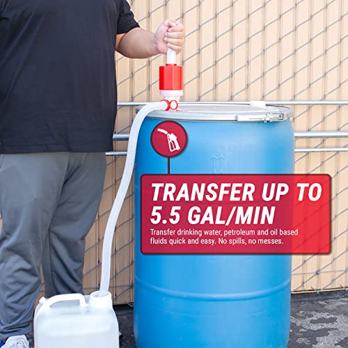 TERA PUMP Heavy Duty Manual Drum Pump TRDRUM40 | For 55 Gallon Barrels, BPA-Free, Portable Fuel Transfer, Adjustable Length Tube