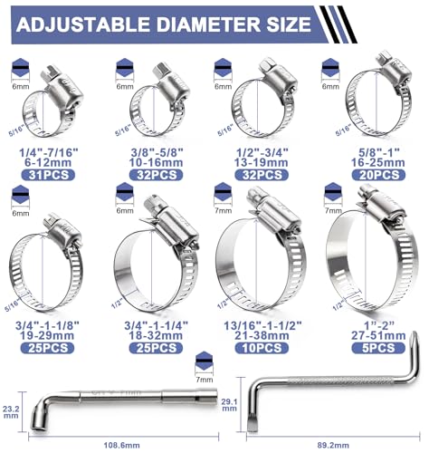 Hose Clamp Assortment- Vesmikit 180 PCS Stainless Steel Hose Clamps Kit 1/4"–2"(6-51mm) Worm Gear Clamps for Fuel Line, Plumbing, Automotive, Mechanical Applications, Pipe, Tube, Radiator, Garden - size: 1/4" - 2"