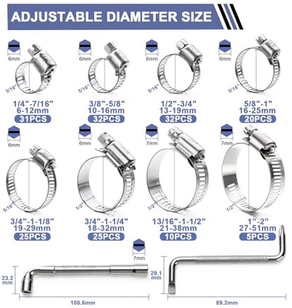 Hose Clamp Assortment- Vesmikit 180 PCS Stainless Steel Hose Clamps Kit 1/4"–2"(6-51mm) Worm Gear Clamps for Fuel Line, Plumbing, Automotive, Mechanical Applications, Pipe, Tube, Radiator, Garden - size: 1/4" - 2"