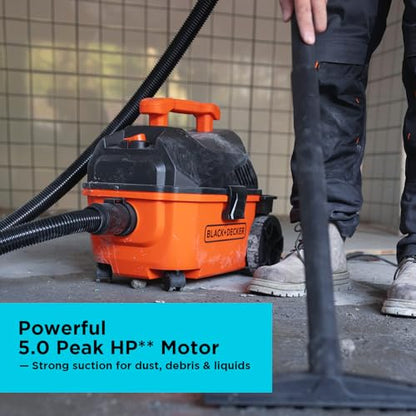 BLACK+DECKER Shop Vacuum Wet and Dry, 4 Gallon 5.0 Peak HP Wet/Dry Vacuum, Quiet Operation with Muffler, Long Reach Cleaning Range & On-Board Storage, Complete Accessory Set, BDXV18905P-4 - size: 4 Gallon 5 HP