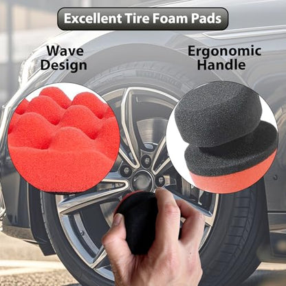 Tire Shine Applicator Pads, 4 Pcs Tire Dressing Applicator, Reusable Tire Shine Sponge Wave Contoured for Car Detailing, 3.15inch (2 Red & 2 Black) - size: 3.15inch-2 Black & 2 Red