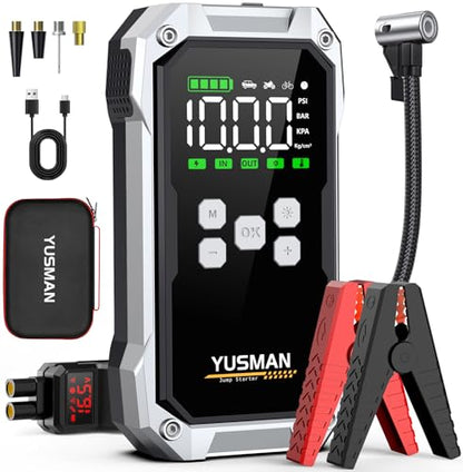 Jump Starter with Air Compressor, 9000A 160PSI Battery Booster Pack | For 12V vehicles, ALL gas and 10.0L diesel, with display, smart clamps, tire inflator, 2 USB-A ports, and 2 LED lights - size: F04