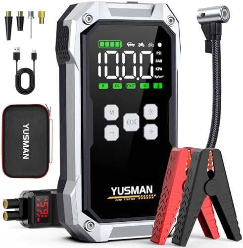 Jump Starter with Air Compressor, 9000A 160PSI Battery Booster Pack | For 12V vehicles, ALL gas and 10.0L diesel, with display, smart clamps, tire inflator, 2 USB-A ports, and 2 LED lights - size: F04