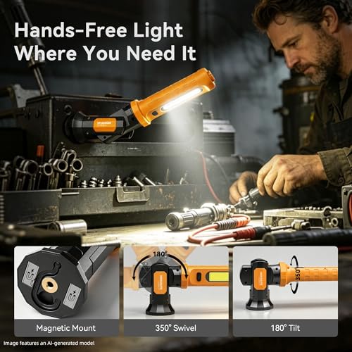 CLAKAP 2-in-1 Detachable LED Work Light Bar, 3000LM Underhood Light | rechargeable, cordless COB, magnetic base, hook, USB charger, red strobe, mechanic, car repair, garage