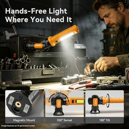 CLAKAP 2-in-1 Detachable LED Work Light Bar, 3000LM Underhood Light | rechargeable, cordless COB, magnetic base, hook, USB charger, red strobe, mechanic, car repair, garage