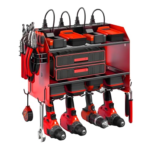 Modular Power Tool Organizer Wall Mount with Charging Station, 3-Layer Heavy Duty Drill Holder Rack & 8-Outlet Power Strip for Garage Workshop Storage - color: With charging station, size: 3 Layer/8 Tool Holder