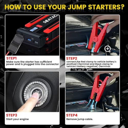 Scatach 4000A Car Battery Jump Starter, 12V Jump Starter Battery Pack (up to 10.0L Gasoline and 8.0L Diesel Engine), Portable Jump Box with Jumper Cable, LED Display, LED Light - color: red