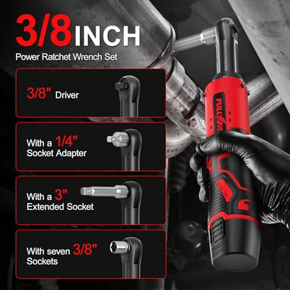 FULLYEA Electric Ratchet Wrench Set,12V Cordless Ratchet Wrench 3/8", 400 RPM Power Ratchet Tool Kit with LED Light, 7 Sockets, 1/4" adapter, 2 Packs 2000mAh Battery and Fast Charger