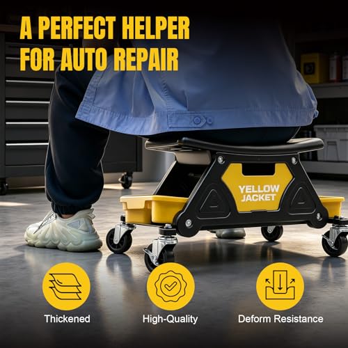 YELLOW JACKET Rolling Mechanic Seat with Drawer & Trays, 300lb, Garage Shop | Two tool trays & drawer for storage. Smooth casters, padded seat, 300 lb capacity. Great for auto repair, workshop & garage.