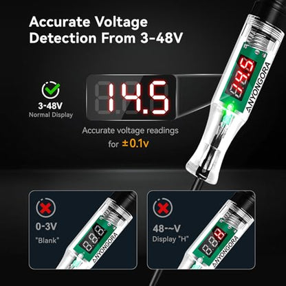 Automotive Test Light, 3-48V DC Digital LED Voltmeter with Dual Polarity Indicator, Heavy Duty Circuit Tester Pen with Stainless Steel Probe & Anti-Lost Protection for Car Truck RV Fuse Battery