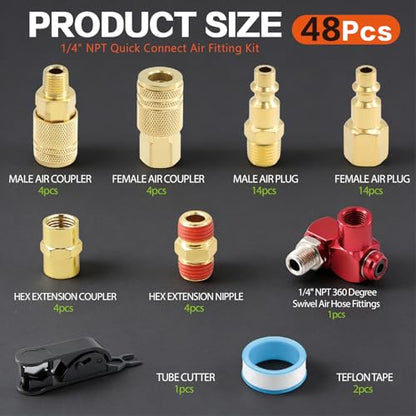 48PCS 1/4" Air Coupler Plugs & Male Female Air Hose Fittings Kit, NPT Thread Air Compressor Fitting with 1Pcs 360 Degree 1/4 Inch Quick Connect Air Line Fitting for Industrial
