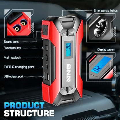 ‎DNA Motoring TOOLS-00214 12V 1500A 15000 mAh Multi-Function Portable Car Battery Jump Starter for Up to 7.0L Gas & 5.5L Diesel Engine, with Carry Case, Red - color: Red, style: 1500A Peak