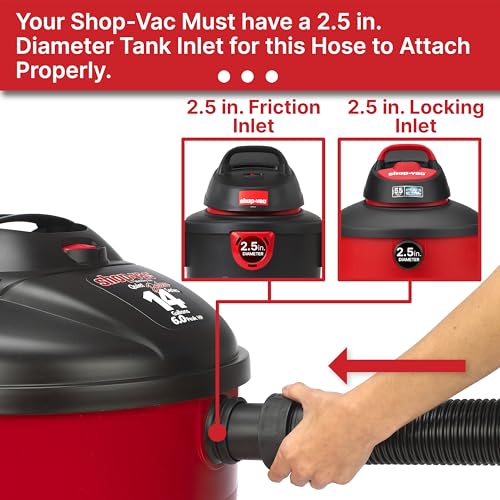 Shop-Vac 9050333 Vacuum Hose for Standard or Locking Inlets, 8-Foot x 2.5 Inch Diameter, Prevents Clogging With Bulky Debris, (1-Pack)