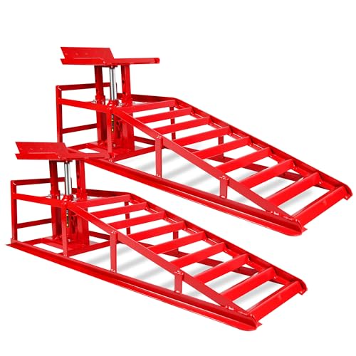 2 Pack Car Ramps 5T 10000lbs Car Ramps for Oil Changes Hydraulic Low Profile Car Lift Service Ramps Truck Trailer Portable Car Ramps for DIY Repair Stores Auto Beauty Stores,Red - size: Red
