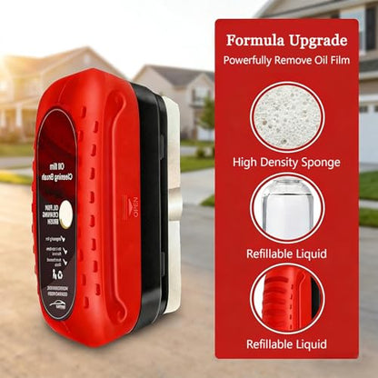 Automotive Oil Film Cleaning Brush for Glass Windshield & Windows – Upgrade 2.0 Kit with Cleaner & Refill, Anti-Rain & Anti-Fog Coating, Windshield Cleaner Tool for Clarity and Safer Driving (Red)