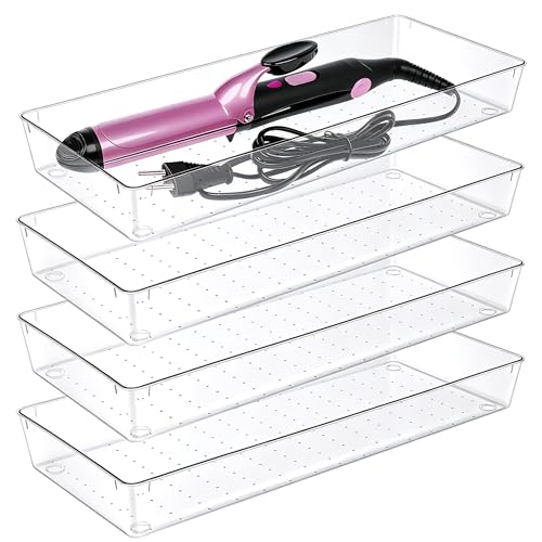 Manalete 4 Pack 15"x6" Extra Large Clear Plastic Drawer Organizer Trays, Multi-Purpose Storage Bins for Vanity, Makeup, Kitchen Utensils, Bathroom, Office Desk, Auto Tools & Craft Supplies - size: 4 Pack 15"×6"