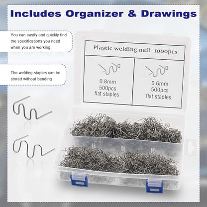1000PCS Car Hot Stapler,Wavy Pre-cut Car Plastic Welder Staples Bumper Repair Kit with 0.8mm & 0.6mm,Stainless Steel Cars Plastic Welding Staples as Plastics Repair Kit with Box