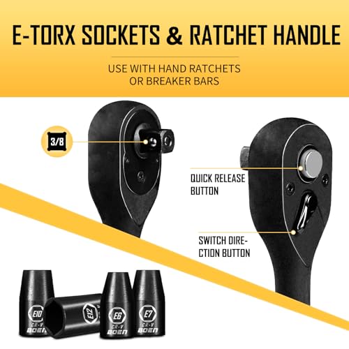 BOEN 3/8" Drive Impact Socket Set, 59-Piece Standard SAE (5/16 to 3/4 inch) and Metric (6-22mm), Include 9-Piece E-Torx Socket Set (E5-E16) 丨Ratchet Handle, Extension Bar, Universal Joint, Adapter