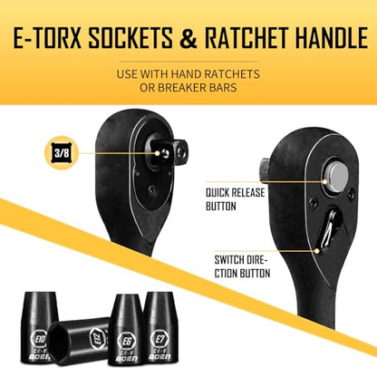BOEN 3/8" Drive Impact Socket Set, 59-Piece Standard SAE (5/16 to 3/4 inch) and Metric (6-22mm), Include 9-Piece E-Torx Socket Set (E5-E16) 丨Ratchet Handle, Extension Bar, Universal Joint, Adapter