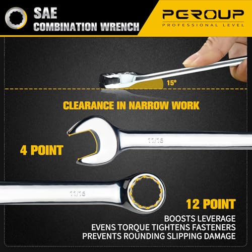 11/16" SAE Combination Wrench, CR-V Steel with Mirror Polish, 12-Point Design, 15-Degree Offset, Perfect for Auto Repair, Household, Car & Truck Emergency - size: 11/16"
