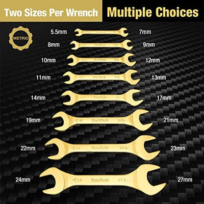 DURATECH Super-Thin Open End Wrench Set, Metric, 8-Piece, 5.5mm to 27 mm, Titanium Plating, Slim Spanner Set with Rolling Pouch - color: Gold, size: Metric