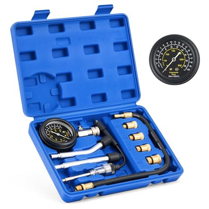 OMT 9pc Gas Cylinder Compression Tester Set with Adjustable Pressure Gauge | Premium Brass Core; Spark Plug Diagnostic Tool; Vehicle Engine Repair; For Garage Mechanics; 4 Universal Steel Adapters