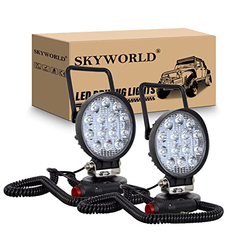 SKYWORLD Magnetic Mount LED Work Light, 2PCS 4 Inch 27W Round Spot Off Road Driving Fog Lamp 12V 24V with Portable Magnetic Base Holder for Truck Tractor Trailer Car Boat Engineering Vehicle - size: 2Pcs 4 Inch 27W Spot