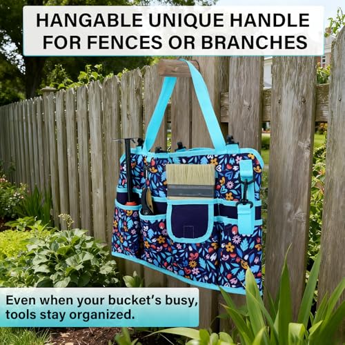 KUNN Bucket Tool Organizer 5 Gallon with Hangable Handle 18-Pocket Detachable Bucket Bag for Tools, Garden Caddy Tote with Pockets, Heavy Duty 600D Polyester Gardening Accessory,Blue - style: Navy Bloom