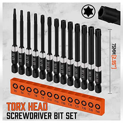 HORUSDY 13-Piece Security Torx Bit Set, 3” Impact Rated Tamper-Resistant Star Bits, S2 Alloy Steel, 1/4” Hex Shank, T5–T40, Long Power Tool Driver Bits - style: 13-Piece Torx Bit Set