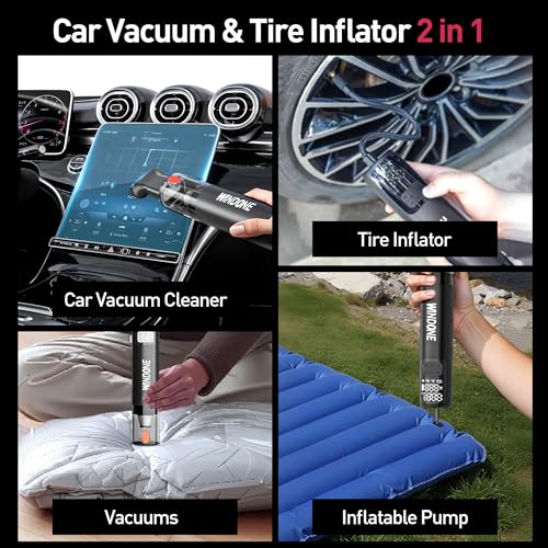 Windone Car Vacuum, 12000Pa 2-in-1 Cleaner & Tire Inflator 150PSI | 60W Brushless Motor, Cordless Handheld Vacuum & Air Pump with Pressure Gauge, LED Light, Multi-Nozzles for Car, Home, Office