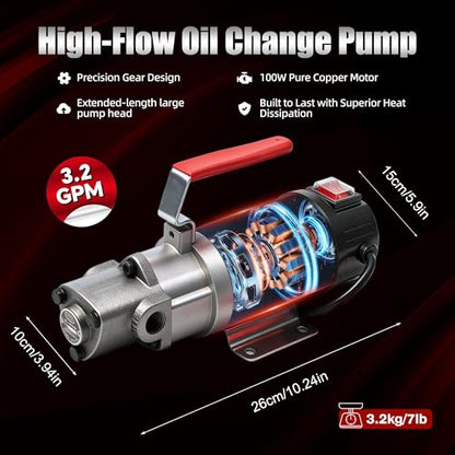 Oil Change Pump, 3.2 GPM Oil Extractor Pump 24V 100W Oil Transfer Pump Includes 10FT Steel Wire Hose, Portable Handle Design, Suitable for Engine Oil, Transmission Oil - color: Pump+Hose