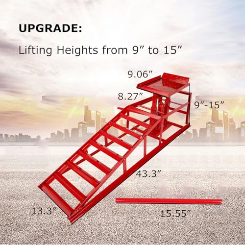 Hydraulic Car Ramps 5T 11000lbs, 2 pcs Heavy Duty Steel Car Ramps Lift Height 9" - 15" for Oil Change, Low Profile Portable Automotive Vehicle Lift Service Ramps Truck Trailer - color: Red