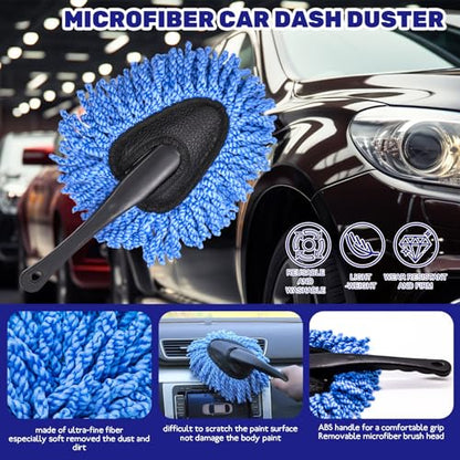 9Pcs Auto Cleaning Tools Set Contains Wheel Brush, Wash Mitt Microfiber, Foam Sponge Wax Applicator, Extendable Handle Interior Duster and 2 in 1 Air Vents Dashboard Clean Brush