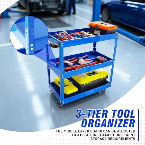 3 Tier Rolling Work Cart on Wheel Small Utility Cart | Heavy Duty Metal Shop Carts Organizer Mobile Tool Storage Service Small Work Cart for Maintenance Garage Mechanics Industrial