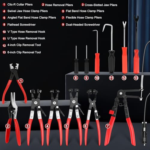 13-Piece Hose Clamp Pliers Kit for Auto Repair, Flexible Wire & Box | 4 More Than 9-Piece, Ratchet Lock Frees Hands, Swivel Jaw, Heat-Treated Steel, Fits 11/16-2.5in, Coolant/Fuel/Oil - color: 13 Pcs With Box
