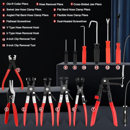 13-Piece Hose Clamp Pliers Kit for Auto Repair, Flexible Wire & Box | 4 More Than 9-Piece, Ratchet Lock Frees Hands, Swivel Jaw, Heat-Treated Steel, Fits 11/16-2.5in, Coolant/Fuel/Oil - color: 13 Pcs With Box