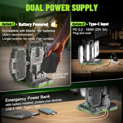 10,000LM Portable LED Work Light Compatible with Ma-Kita 18V Battery, 6 Brightness + Boost Mode, 5 Color Temps, Foldable 4-Panel with Detachable Mini Light, Tripod Mount & Hook (Tool Only) - color: Teal
