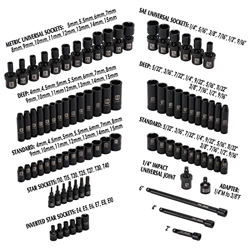 MIXPOWER 86PCS 1/4" Drive Master Impact Socket Set, Universal/Deep/Standard/Torx/Inverted Torx Socket, Impact Grade, Metric&SAE, 6 Point - size: 1/4" Drive